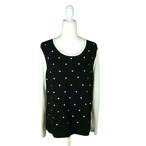 Tommy Hilfiger black white long sleeves scoop neck polka dot sweater women's XL - Picture 1 of 7